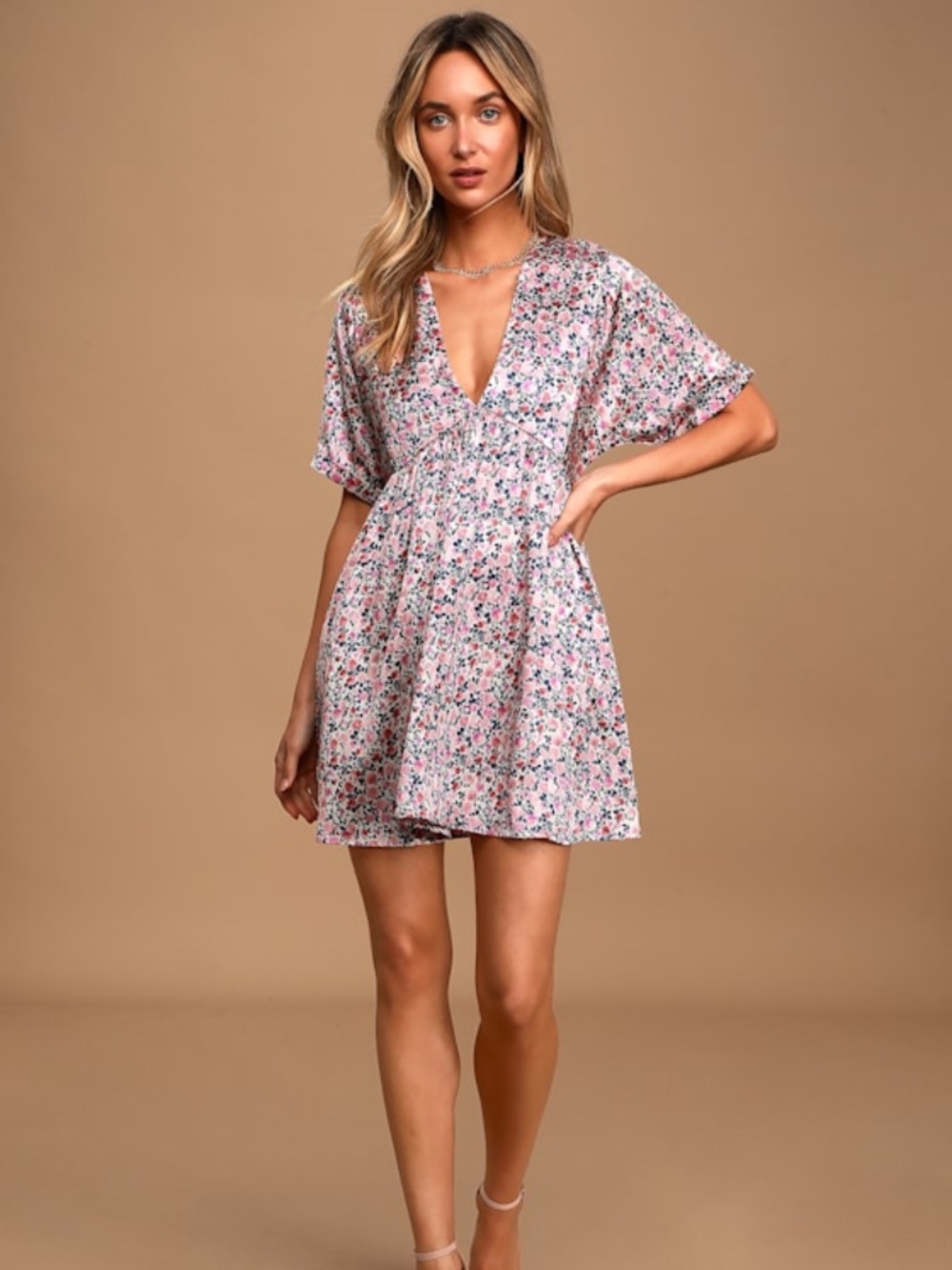Lulus Express Yourself Blush Pink Floral Print Satin Babydoll Dress - Size L